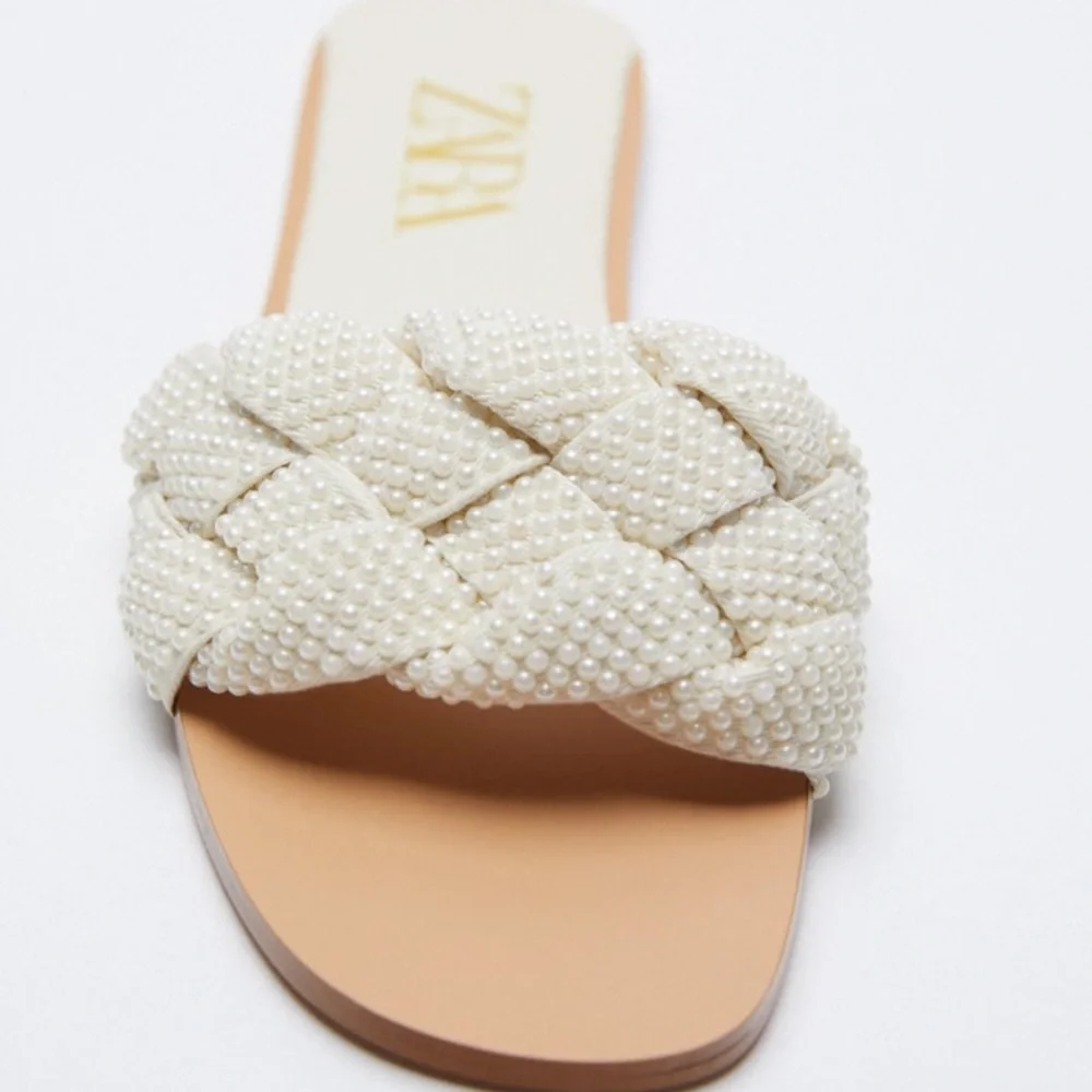ZARA Pearl Detail Woven Slide Sandals - Picture 2 of 4